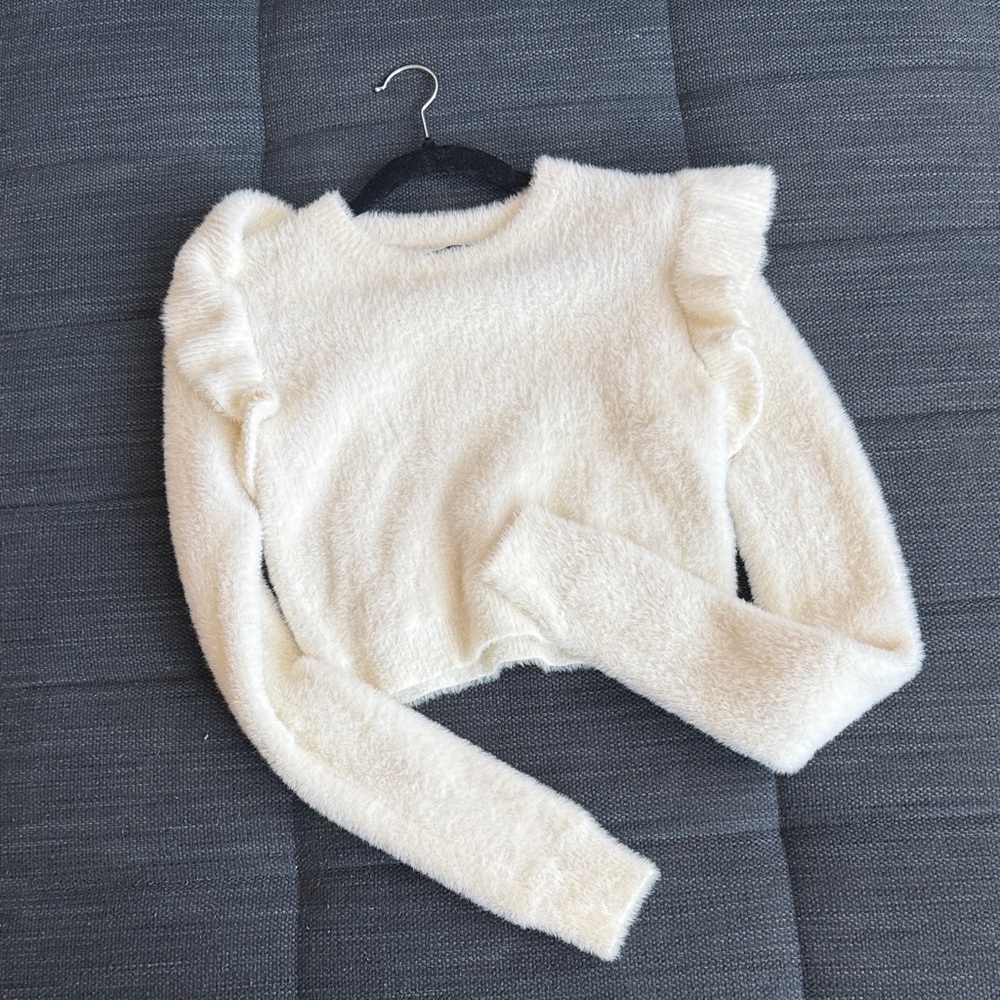 Cream Fuzzy Crop Ruffled Sweater - Picture 2 of 3